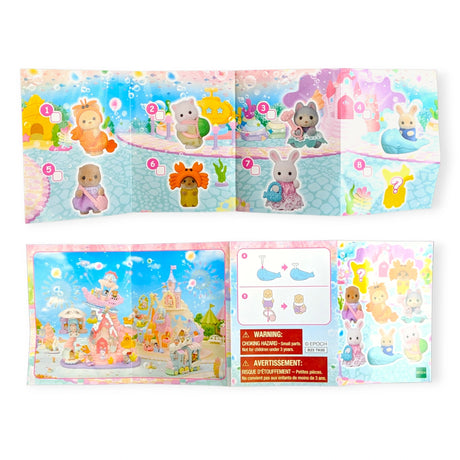 The colorful packaging of the Sylvanian Families Blind Bag - Baby Seashore Friends Series beautifully presents charming animal figures along with playset instructions. It highlights an array of bears, bunnies, and other enchanting Sylvanian Families characters, complete with warning labels and assembly images to ensure a delightful unboxing experience.