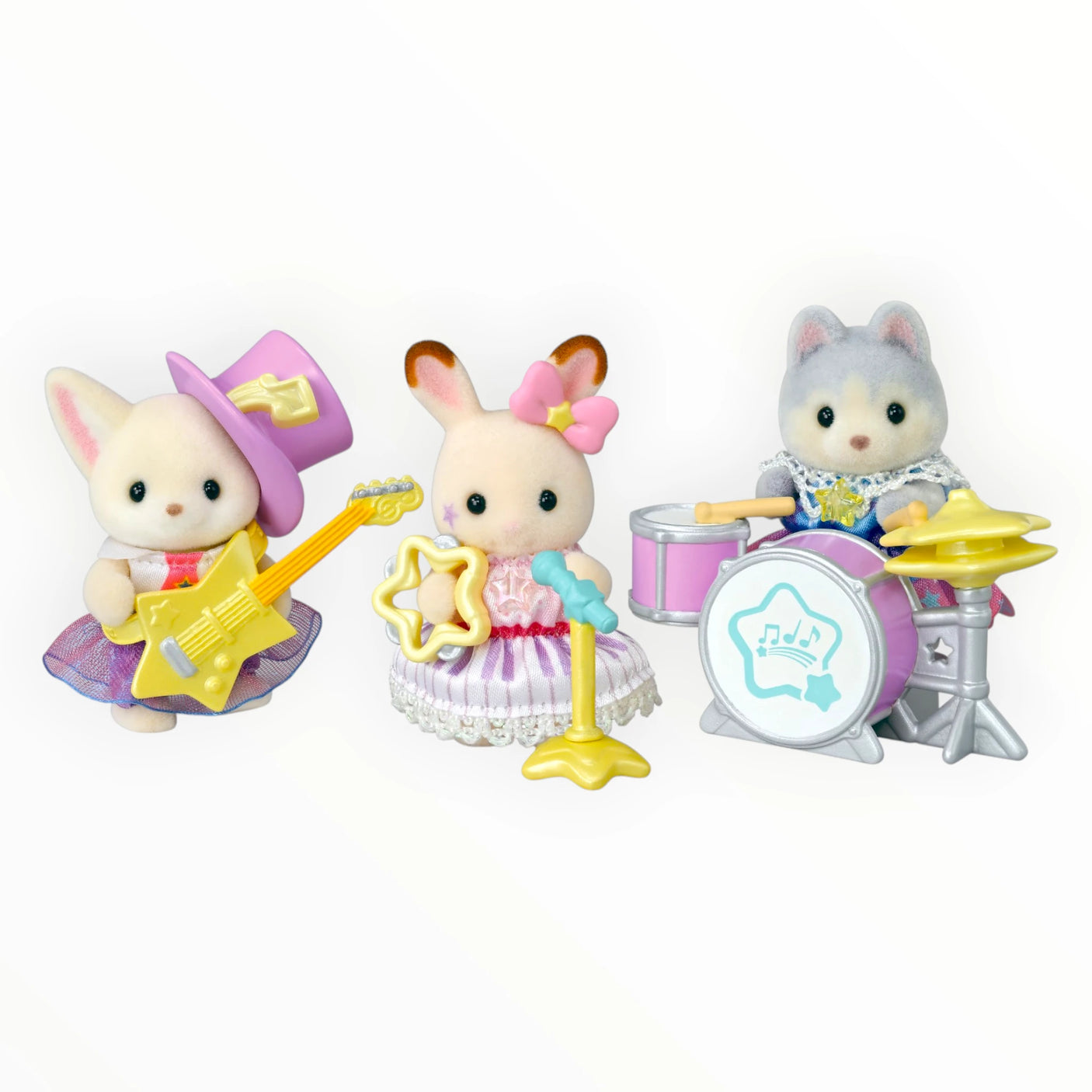 Sylvanian Families - Baby Starry Concert Set with three baby animal figures playing guitar, singing, and drums in colorful outfits