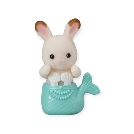 This charming toy bunny from the Sylvanian Families Blind Bag - Baby Costume series is gracefully dressed as a mermaid, featuring a sparkling teal tail and intricate pearl necklace details.