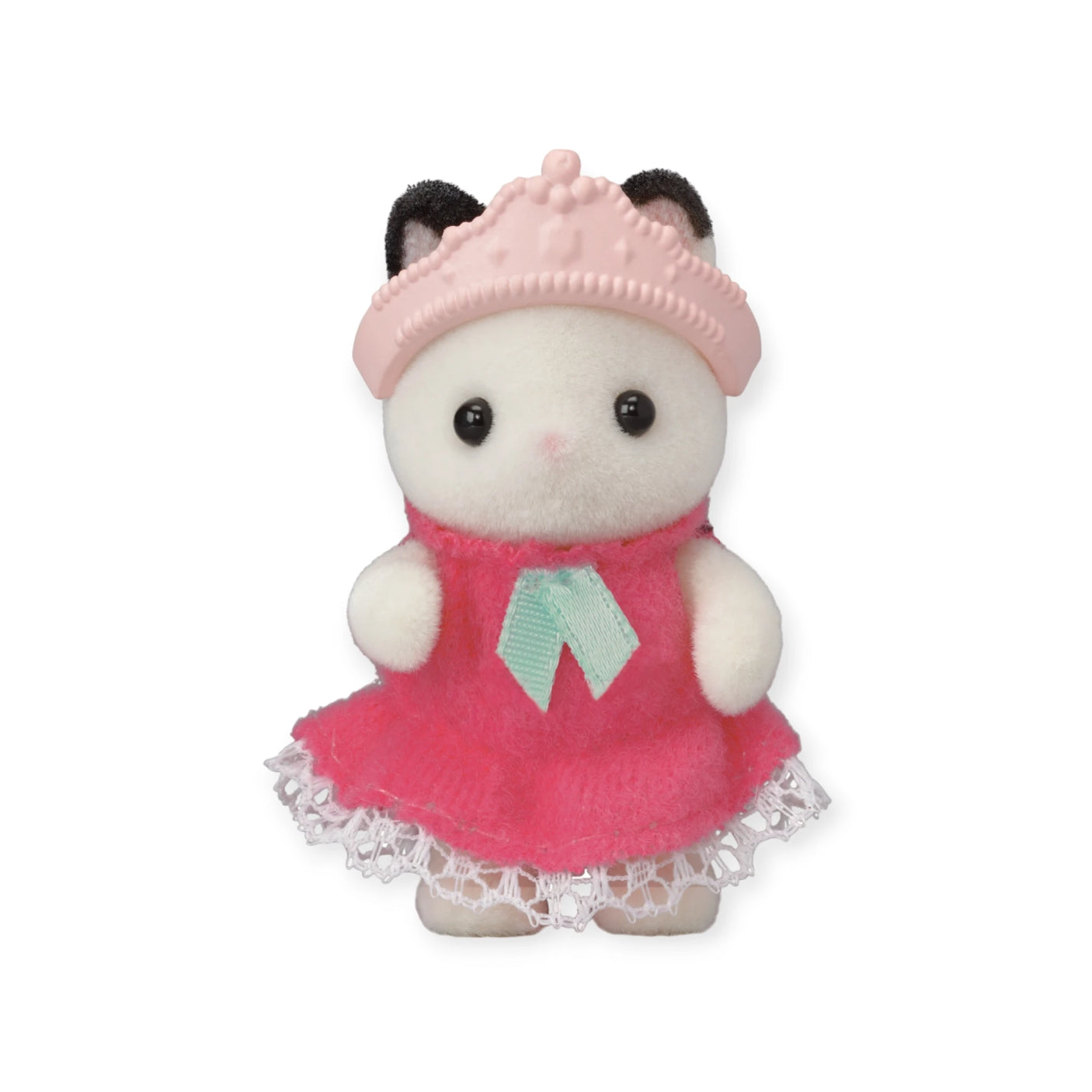 A delightful small stuffed animal from the Sylvanian Families Blind Bag - Baby Costume collection is adorned in a pink dress with lace trim, a pink crown, and a light blue ribbon, standing elegantly against a plain backdrop.