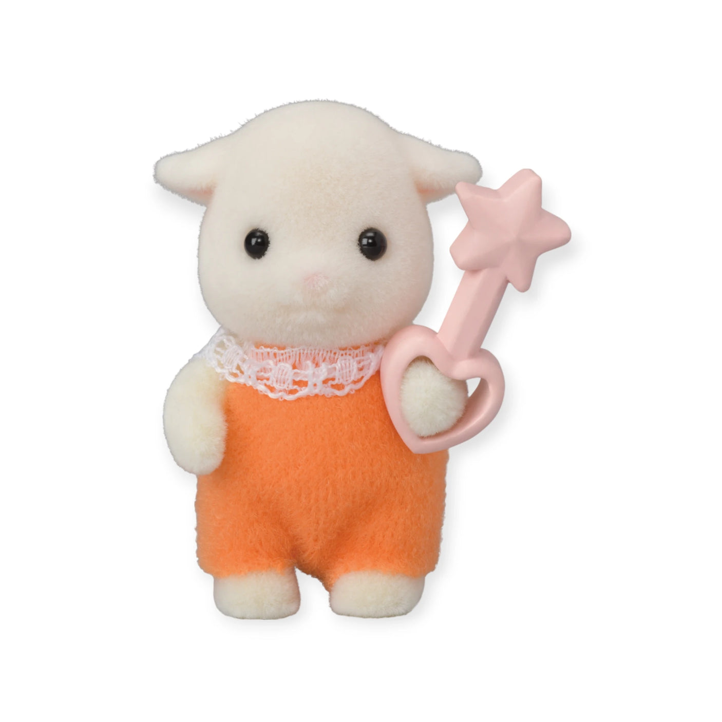 A small plush lamb from the Sylvanian Families Blind Bag - Baby Costume series wears an orange outfit and holds a pink star-shaped rattle.