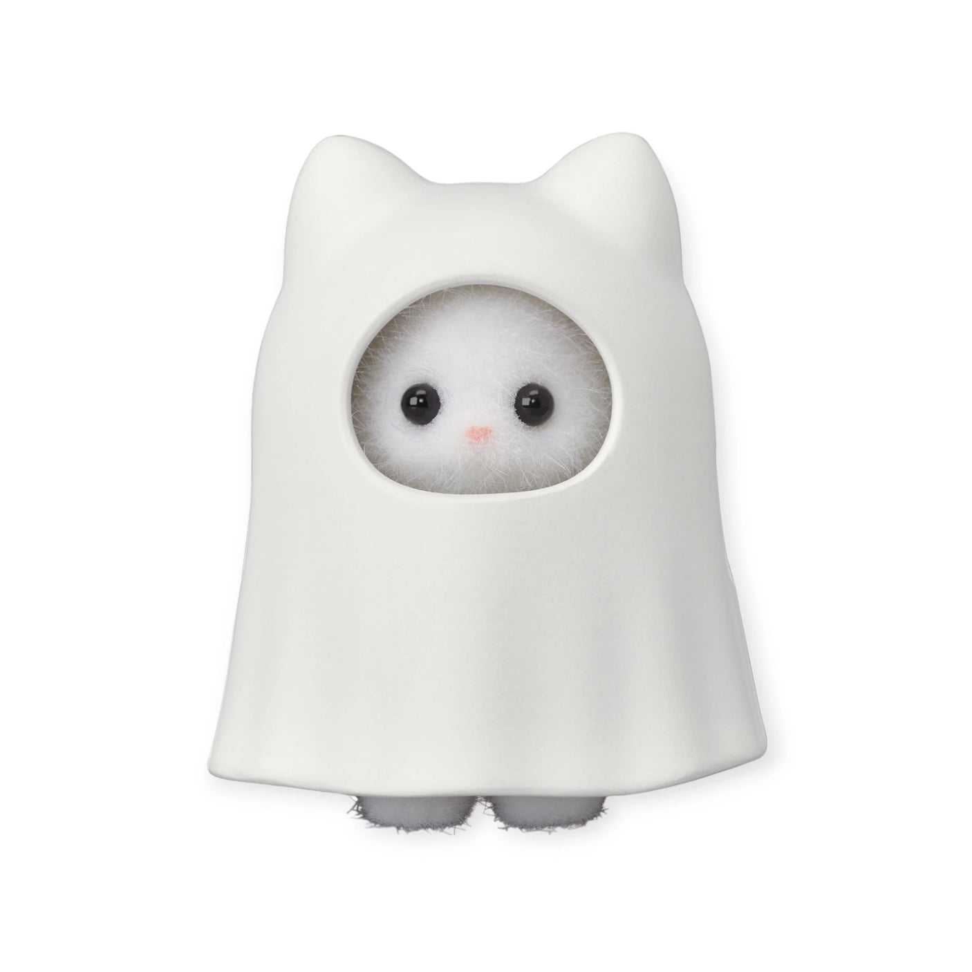 From the Sylvanian Families Blind Bag - Baby Costume series, a small, fluffy toy comes dressed in a charming white ghost costume shaped like a cat, featuring visible round black eyes and a pink nose. Unwrapping it is like discovering an adorable mystery figure.