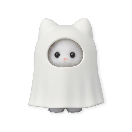 From the Sylvanian Families Blind Bag - Baby Costume series, a small, fluffy toy comes dressed in a charming white ghost costume shaped like a cat, featuring visible round black eyes and a pink nose. Unwrapping it is like discovering an adorable mystery figure.