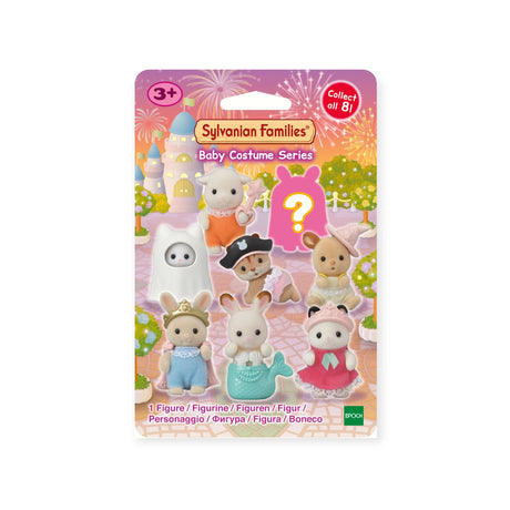 The packaging of the "Sylvanian Families Blind Bag - Baby Costume" by Sylvanian Families features four charming animal figures adorned in vibrant costumes, along with a captivating question mark that teases a mystery figure inside.