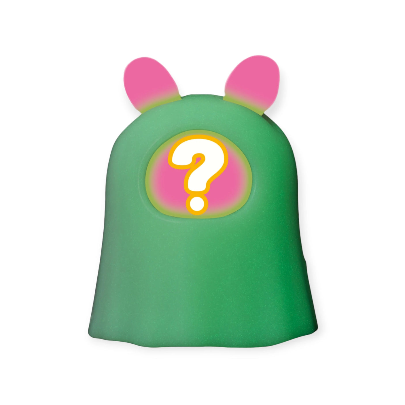 Featuring a green, cartoonish character with pink ears and a yellow question mark on its face against a white background, this mystery figure is part of the Sylvanian Families Blind Bag - Baby Costume series by Sylvanian Families.