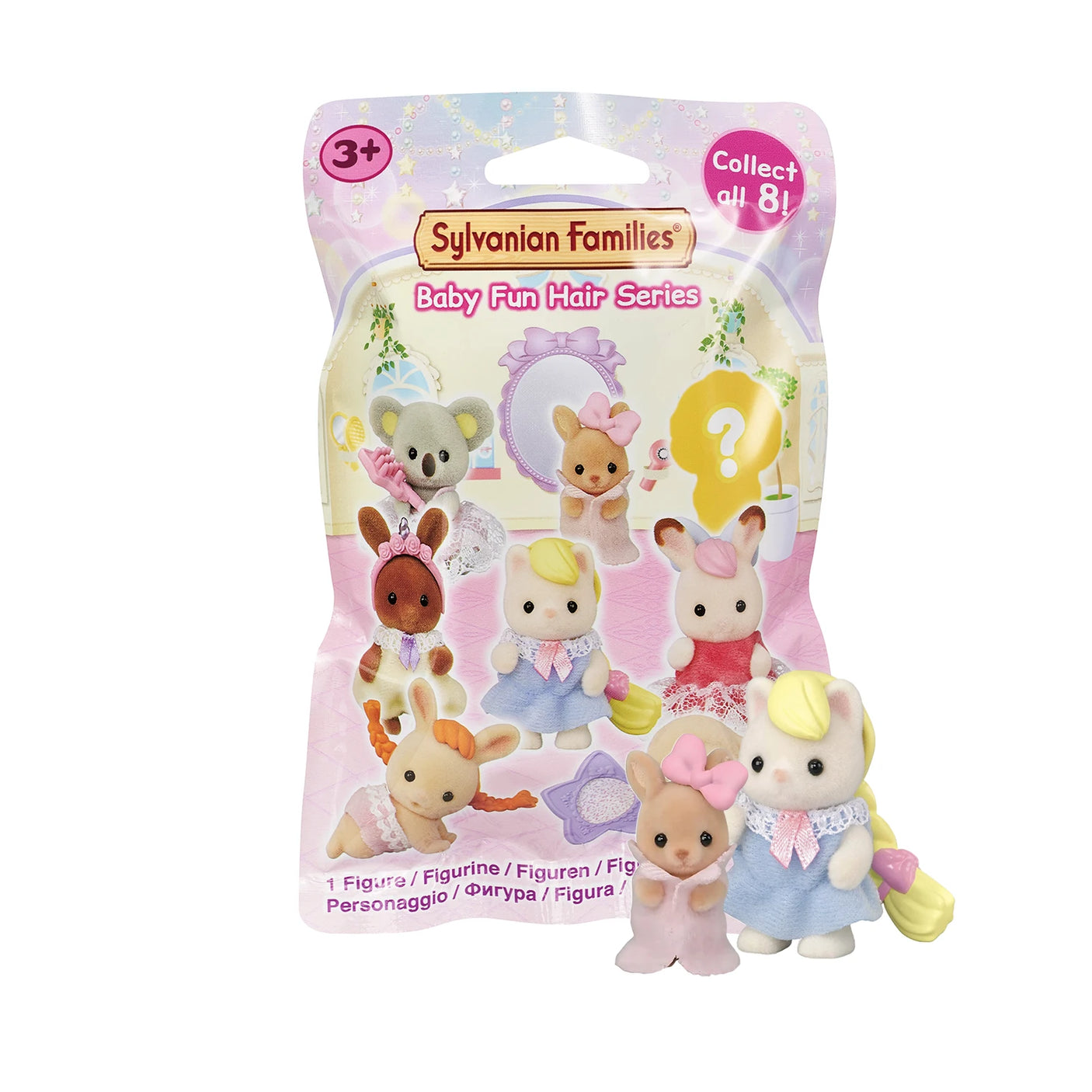 The Sylvanian Families Blind Bag - Baby Fun Hair features cute baby animal figures like a white bunny and a pony with brushable hair and hair accessories, displayed at the front of the Sylvanian Families package.