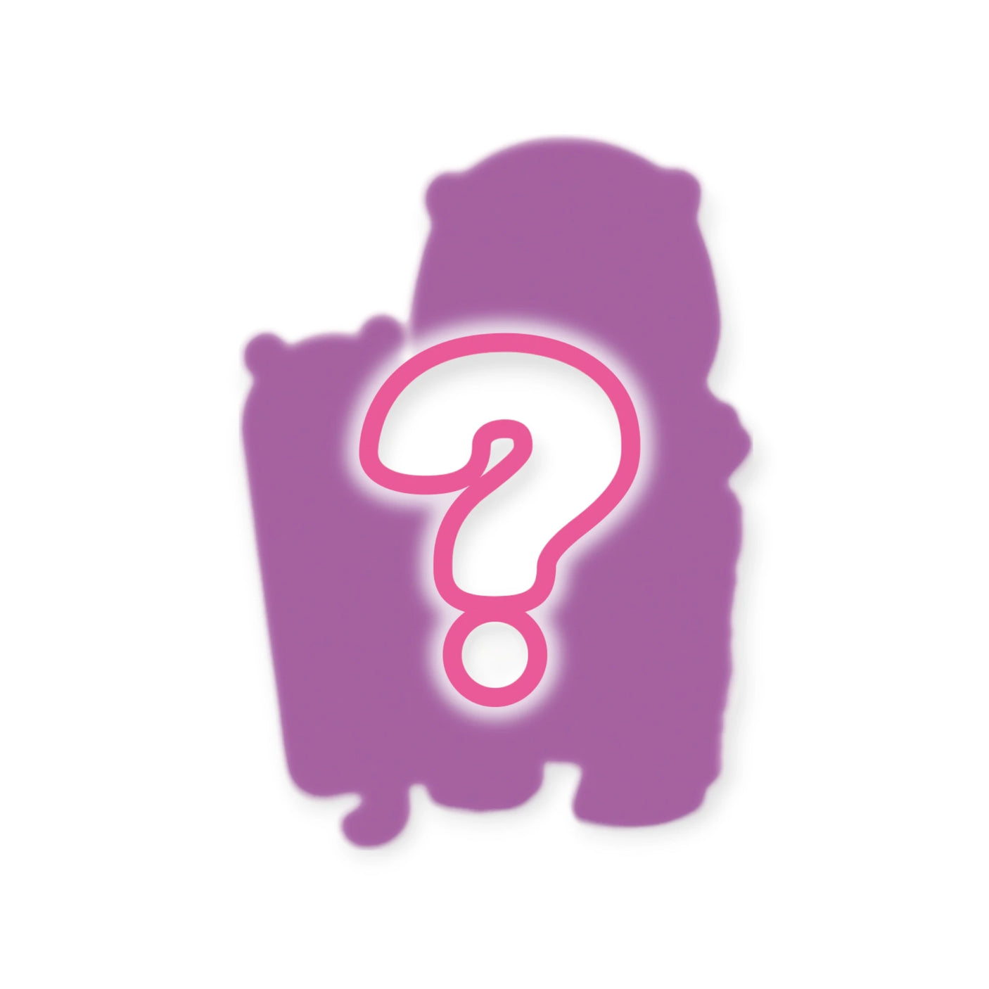 A silhouette in purple featuring an enigmatic object evokes the sense of wonder associated with opening a Sylvanian Families Blind Bag - Baby Treats Series. Centered on this mysterious shape is a large pink question mark, all set against a simple white background.