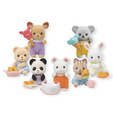 Sylvanian Families' Baby Treats Series features toy animal figurines that revel in a delightful picnic with pizza, cake, and ice cream. These charming characters offer a surprise akin to opening a blind bag on a white background.