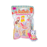 The toy package, named "Sylvanian Families Blind Bag - Baking Baby Party," includes a small cat figurine in a baking-themed outfit. It highlights images of other collectible animals in the Sylvanian Families series, inviting you to complete your charming collection.