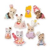 Sylvanian Families' Baking Baby Party features adorable collectible critters, such as bunnies and kittens dressed in vibrant costumes, alongside kitchen accessories for a charming scene. Adding excitement is a mysterious silhouette adorned with a question mark, introducing an element of surprise to this delightful blind bag offering.