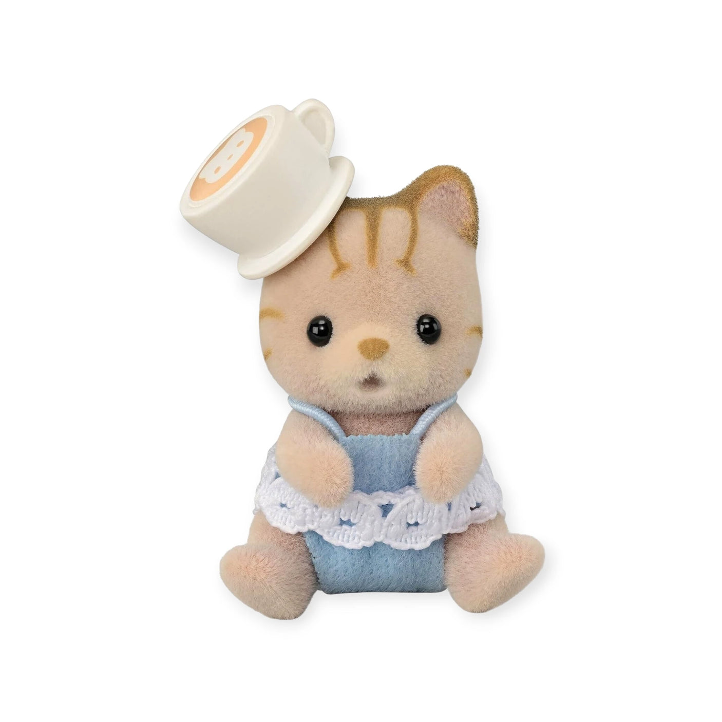 This delightful figure from the Sylvanian Families Blind Bag - Baking Baby Party collection is a charming toy cat dressed in blue, featuring a whimsical teacup on its head, perfect for enhancing any child's imaginative playtime.