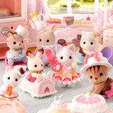 The Sylvanian Families scene features adorable critters from the Baking Baby Party Blind Bag, dressed in vibrant outfits, gathering around a table of sweets in a playful, dollhouse-like setting.