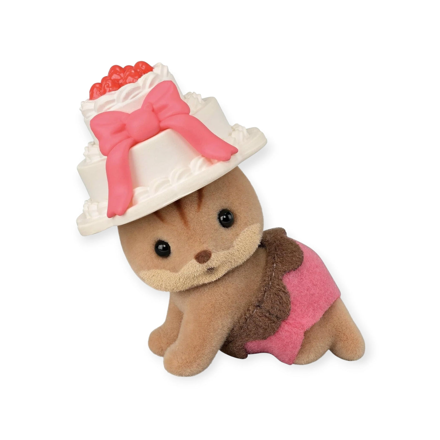 Ideal for a Baking Baby Party, the Sylvanian Families Blind Bag features an endearing toy otter dressed in a cute pink and brown ensemble, complete with a delightful cake hat adorned with a bow and berries. It's a must-have for collectors of Sylvanian Families or anyone who treasures collectible critters.