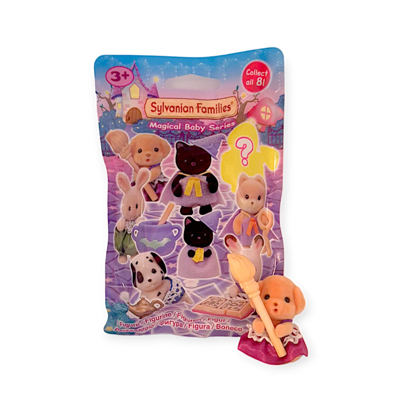 The Sylvanian Families Blind Bag - Magical Baby showcases animal figures in plastic packaging, featuring a separate toy figure with a paintbrush inviting you to explore the enchanting world hidden inside each blind bag.