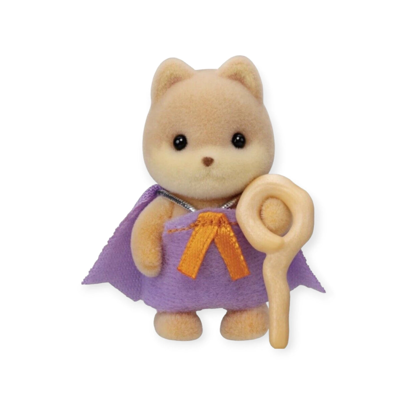 This charming Sylvanian Families toy figure from the Magical Baby series showcases a bear dressed in a purple cape and an orange bow, complete with a beige staff. It's an ideal treat for Sylvanian Families enthusiasts and could be a delightful surprise in your next blind bag!