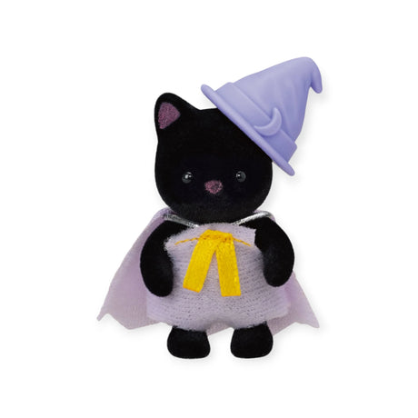 This adorable black cat plush toy from the Sylvanian Families Blind Bag - Magical Baby is dressed as a wizard, complete with a charming purple hat, purple cape, and a yellow bow. Ideal for lovers of surprise collectibles, it adds the enchantment of Sylvanian Families to your own magical blind bag collection.