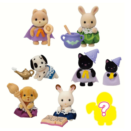 Explore the captivating Sylvanian Families Blind Bag - Magical Baby series, showcasing an array of toy animals dressed as witches and wizards. Each figure includes charming accessories such as a wand, cauldron, and broomstick. Additionally, uncover surprise blind bag figures concealed under a yellow silhouette marked with a question mark!