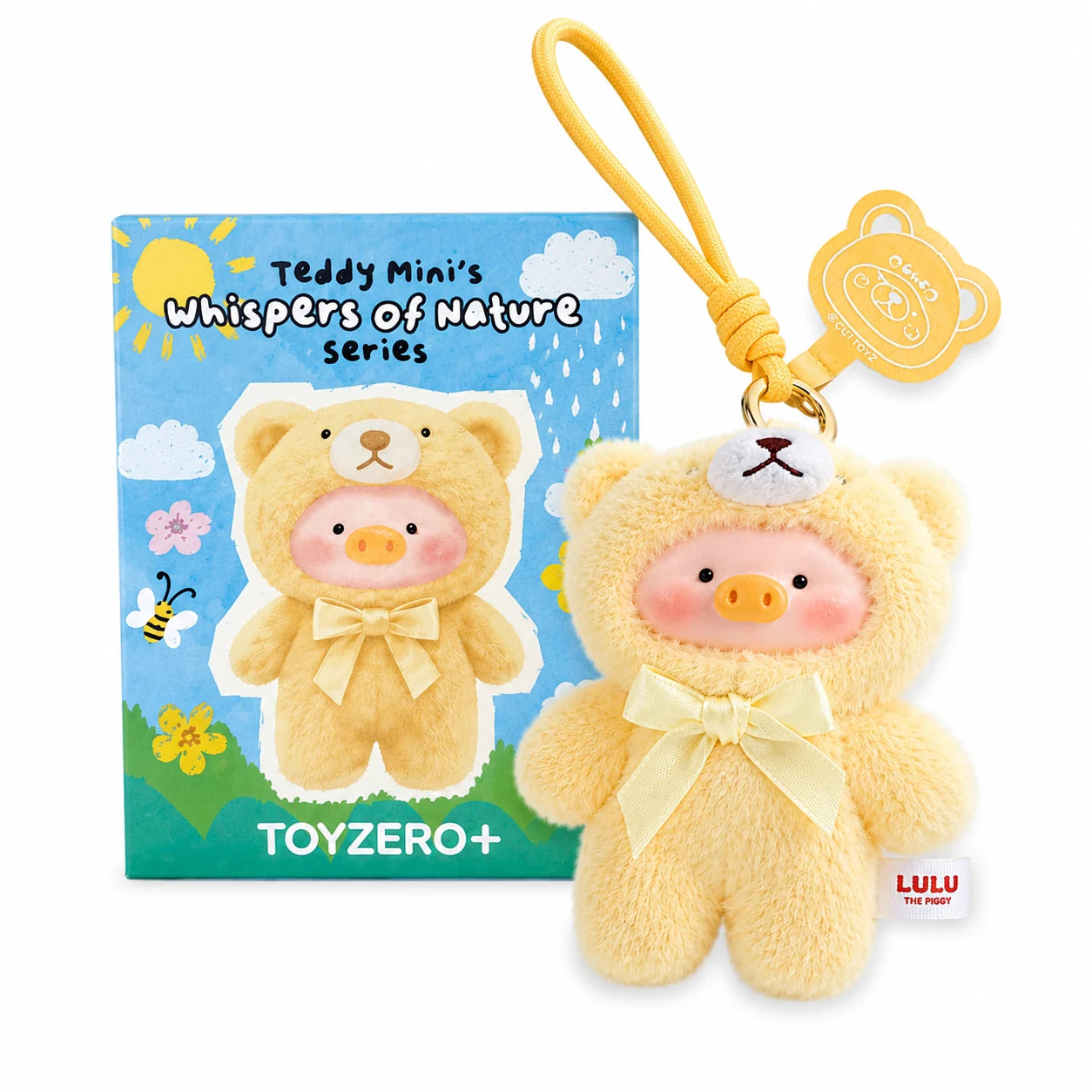 Pair of plush teddy bear keychain charms, cream and tan, with tag