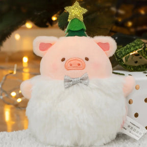 LuLu the Piggy - Snowball Lu Christmas Keychain by LuLu the Piggy features a festive pig plush with pink ears, a silver bow tie, a fluffy white body, and a green Christmas tree hat topped with a gold star—perfect for holiday décor or as a cute keychain.