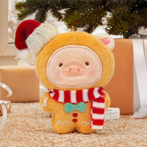 Gingerbread man plush keychain: yellow pig with red hat and striped scarf