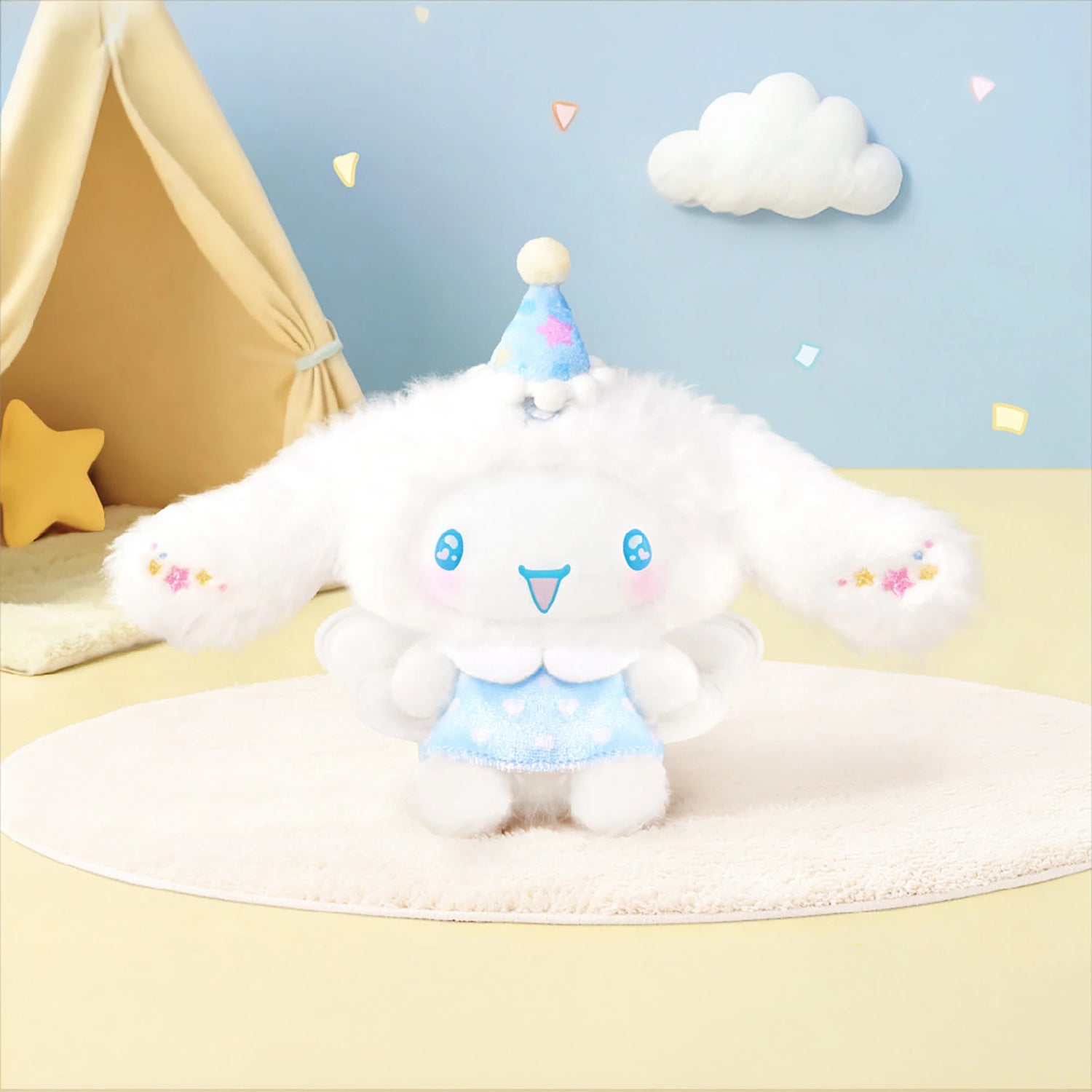 White cloud-like plush pendant with blue heart face and light blue dress