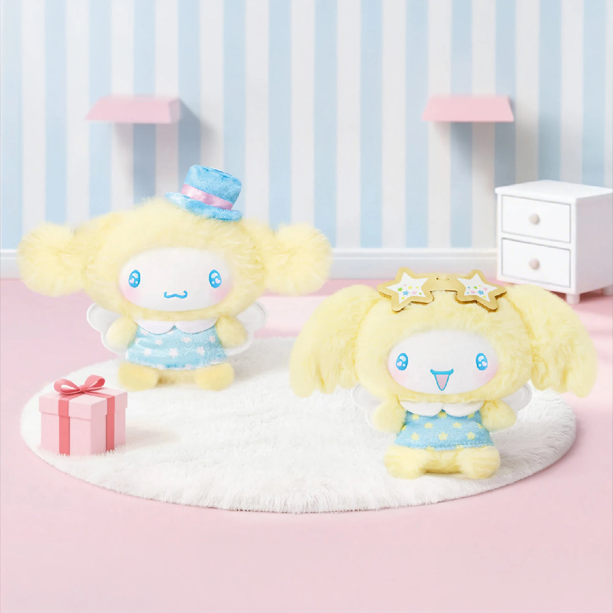 Yellow plush character with blue dress and embroidered face, sitting on soft rug