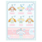 Collectible plush pendant lineup card showing six character keychains in a grid