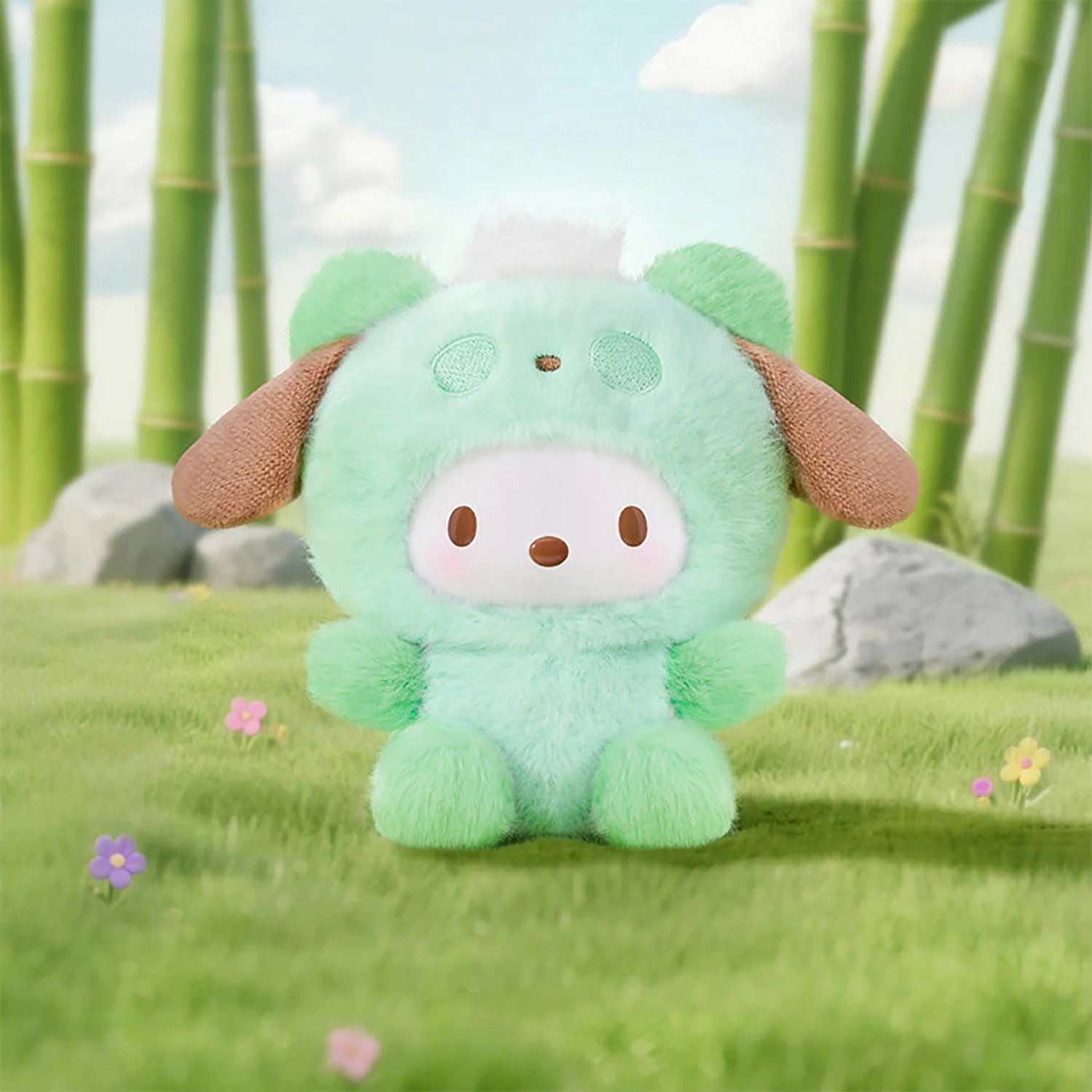 Light green panda plush pendant with cute blush cheeks, soft stuffed toy.