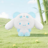White and light blue panda plush pendant with smiling face, soft stuffed toy.