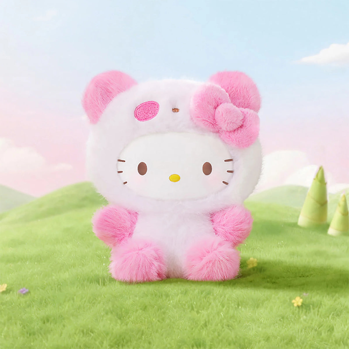 White and pink panda plush pendant with embroidered eyes and blush cheeks, soft toy.