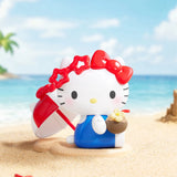 Hello Kitty summer beach blind box figure with red bow and blue shorts holding seashell