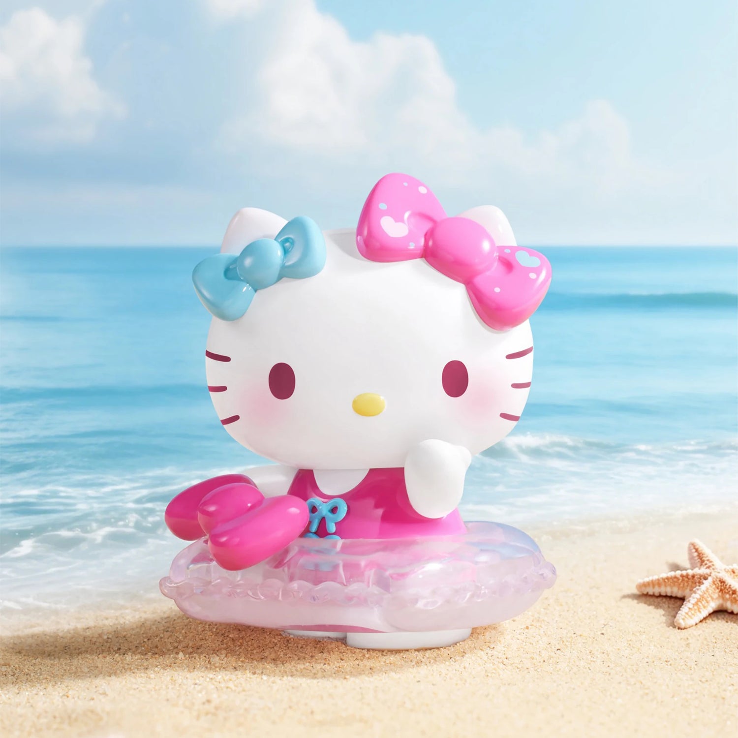 Hello Kitty summer beach blind box figure with pink bow and clear float ring