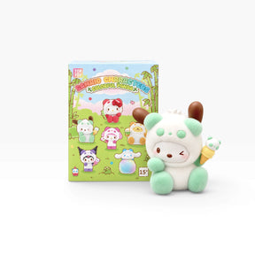 Flocked panda blind box figure with mint green ears and striped cone accessory