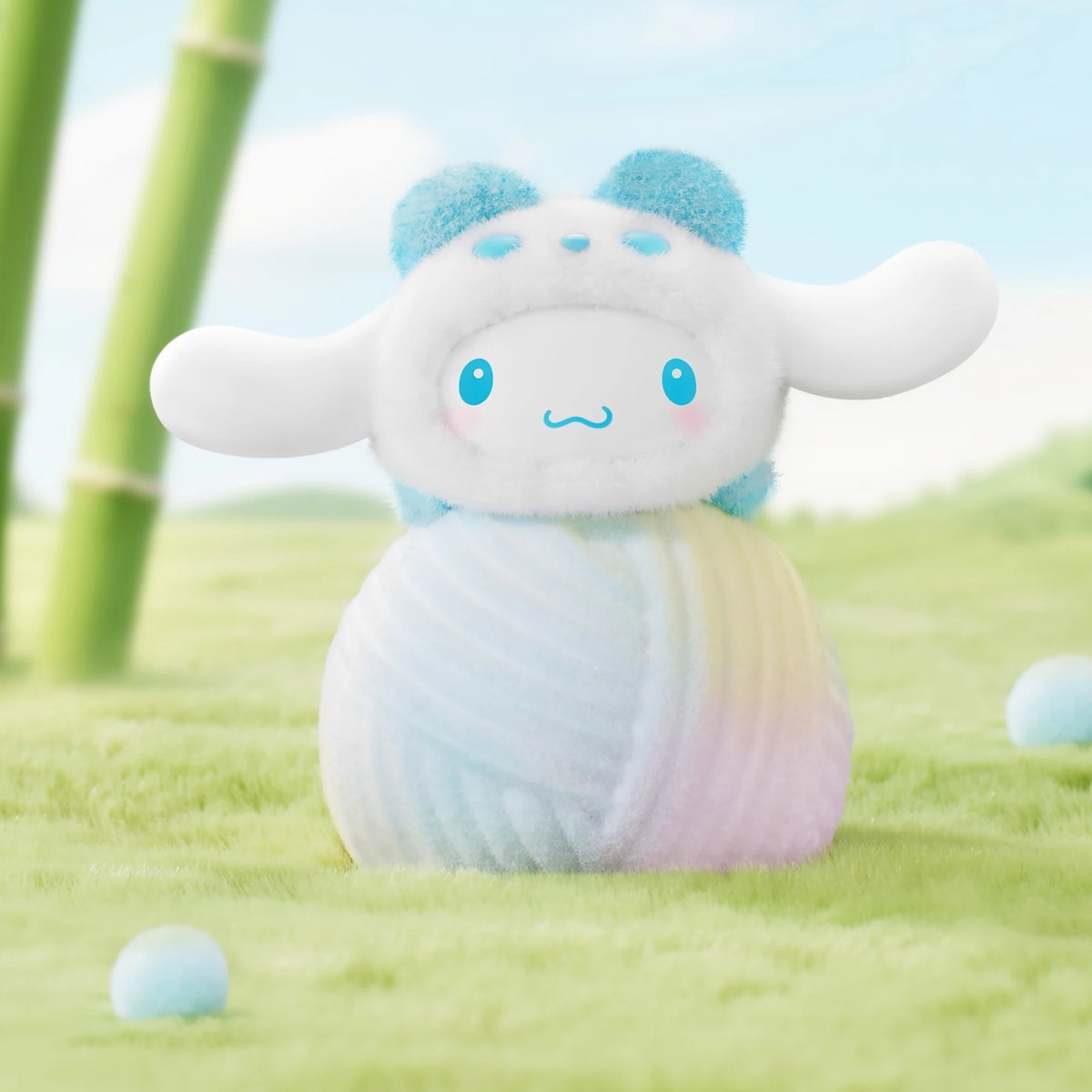 Flocked panda blind box figure with light blue ears and pastel striped outfit