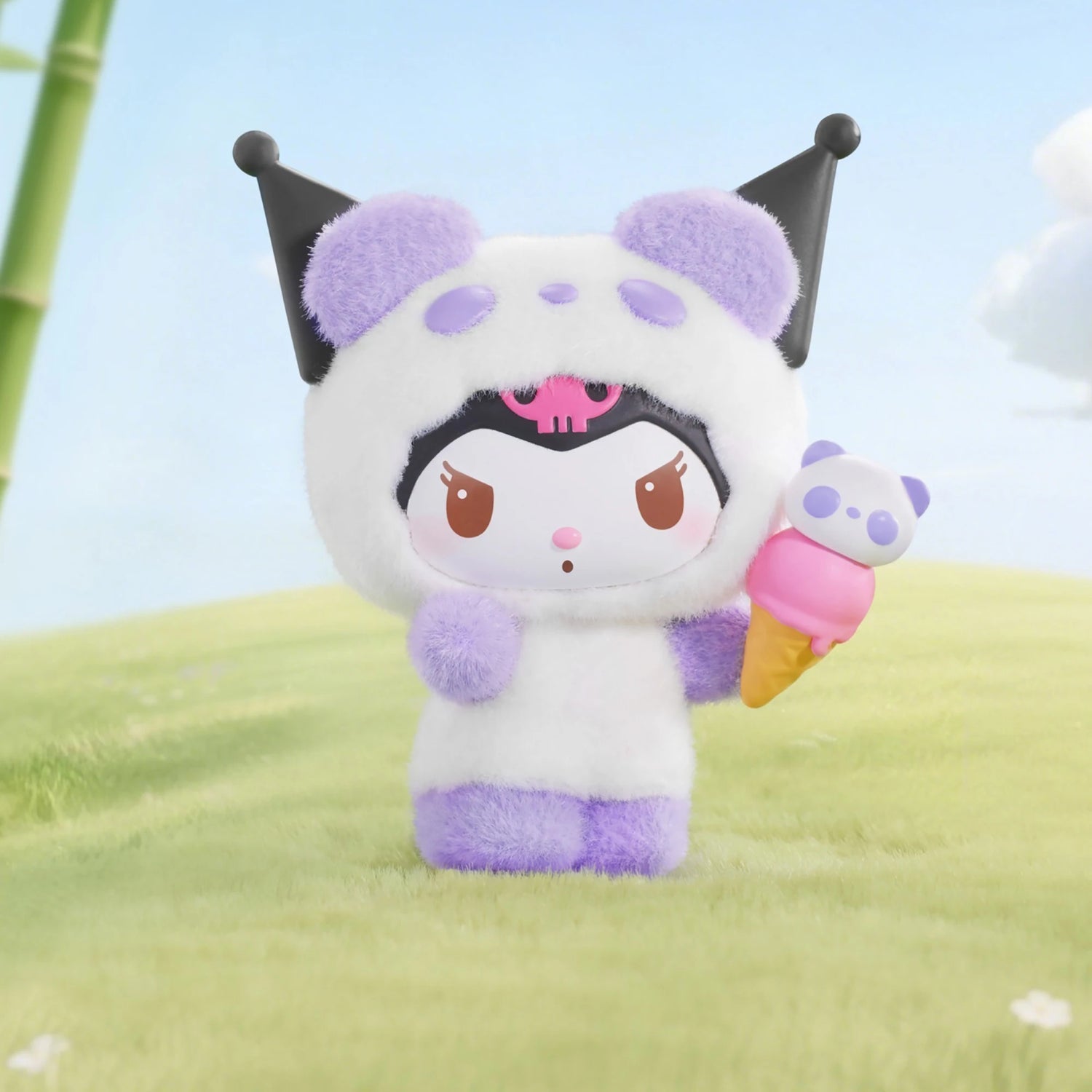 Flocked panda blind box figure with purple ears and ice cream cone accessory
