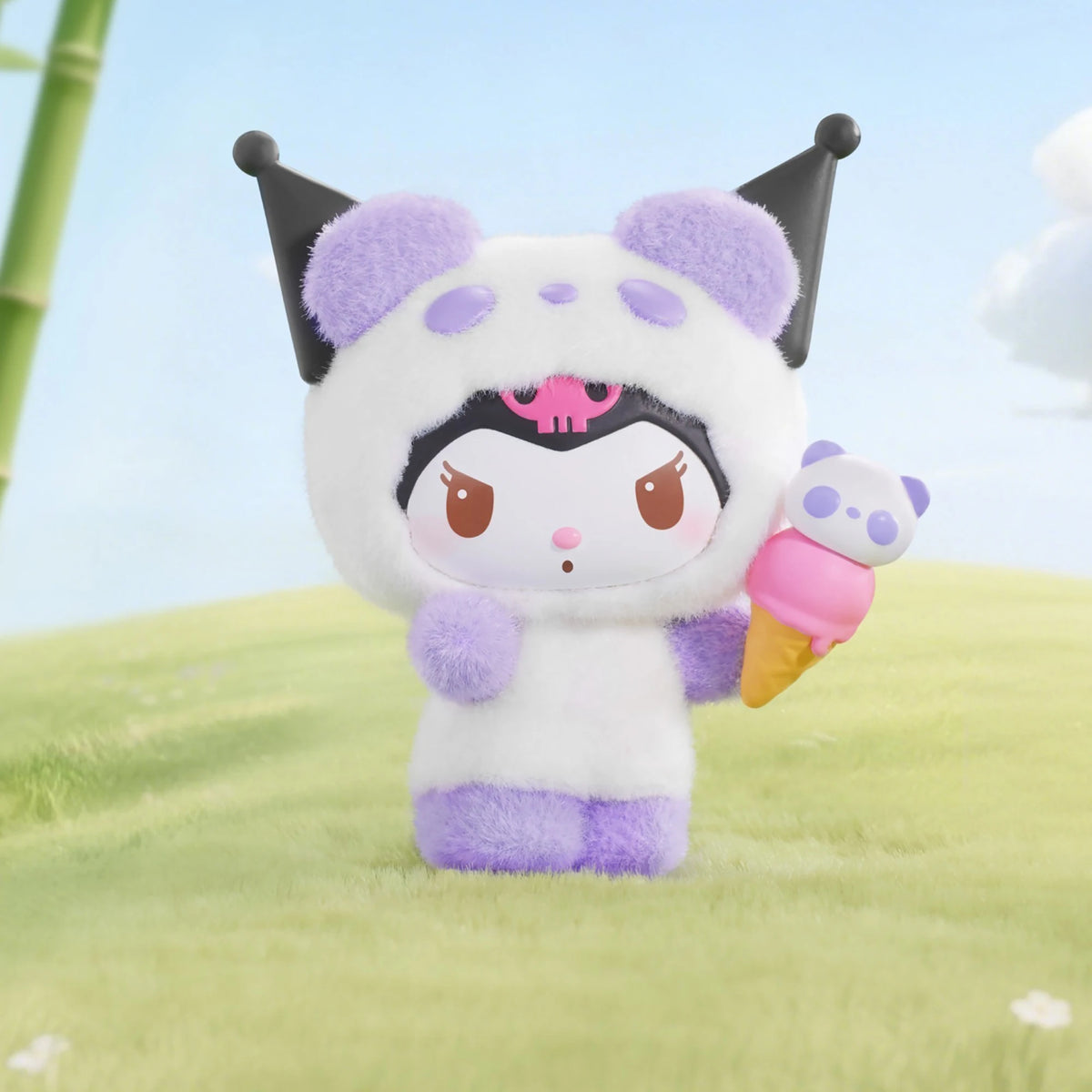 Flocked panda blind box figure with purple ears and ice cream cone accessory