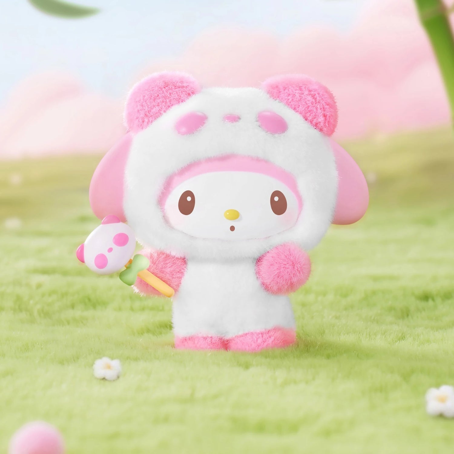 Flocked panda blind box figure with pink ears and heart face, holding a carrot-like prop