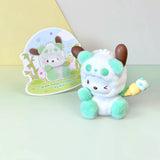 Flocked panda blind box figure with mint body, brown ears, and light green cheeks