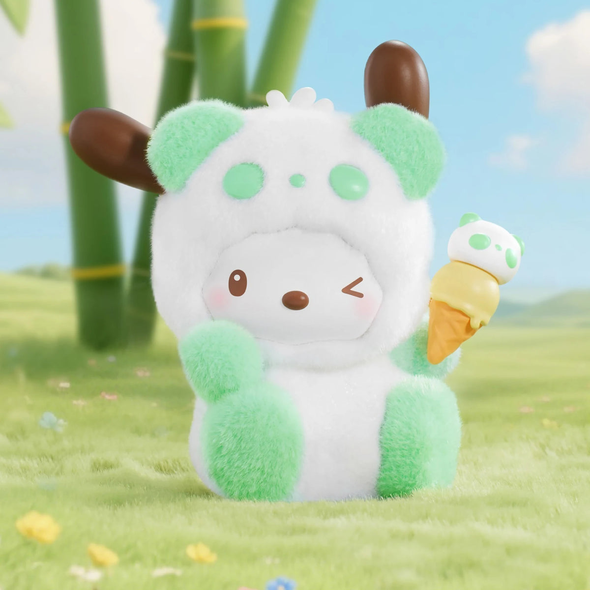 Flocked panda blind box figure with mint green fur trim and holding a cone