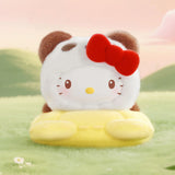 Flocked panda blind box figure in pale yellow belly with red bow accessory