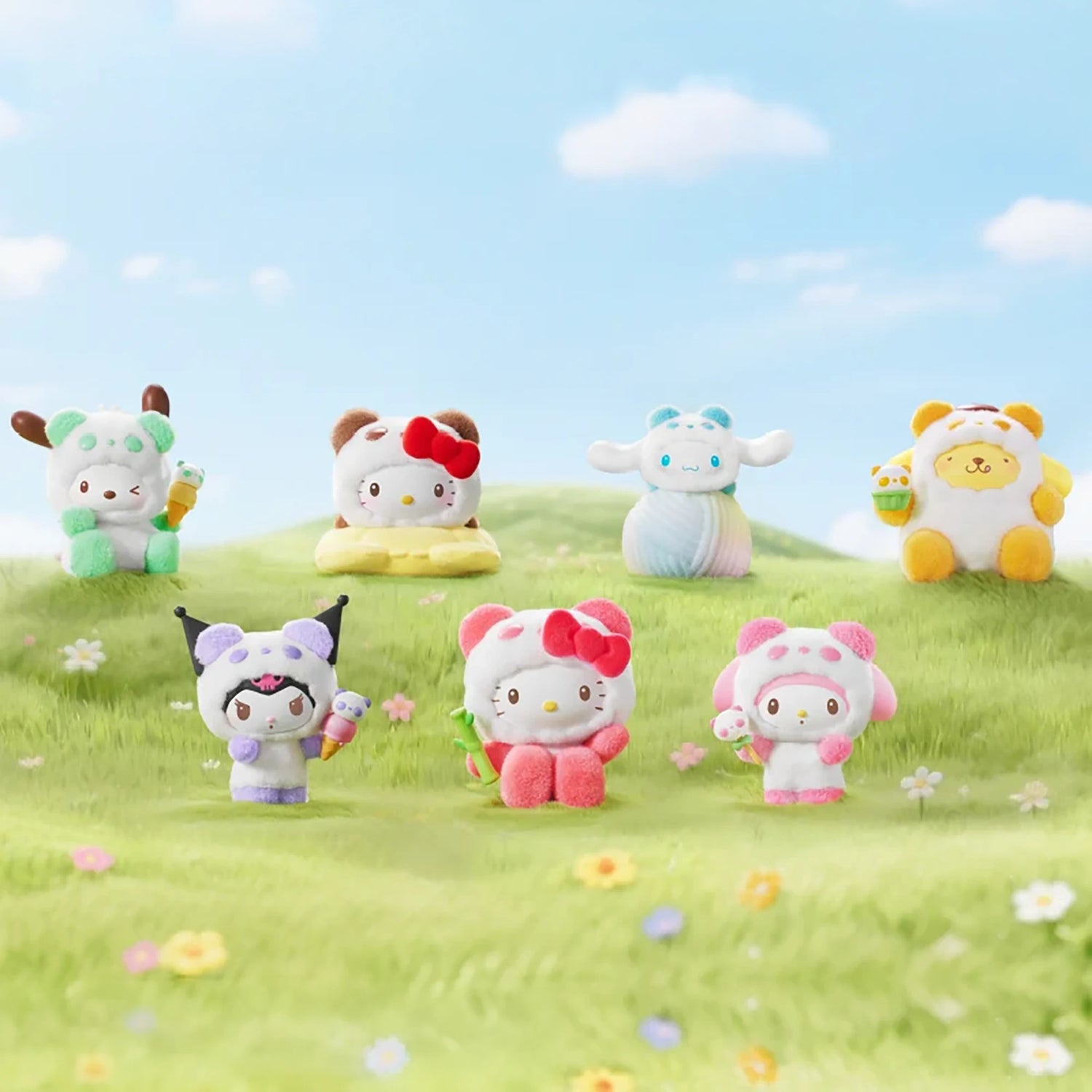 Assorted flocked panda blind box plush figures in multiple pastel colors