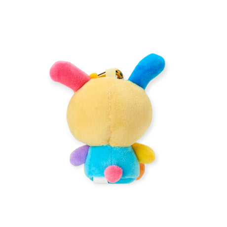 The Hello Kitty Usahana Heart Clasp Keychain features a small pastel plush toy in blue, pink, yellow, and purple, shown from the back—ideal for adding cute Sanrio charm to your bag or keys.