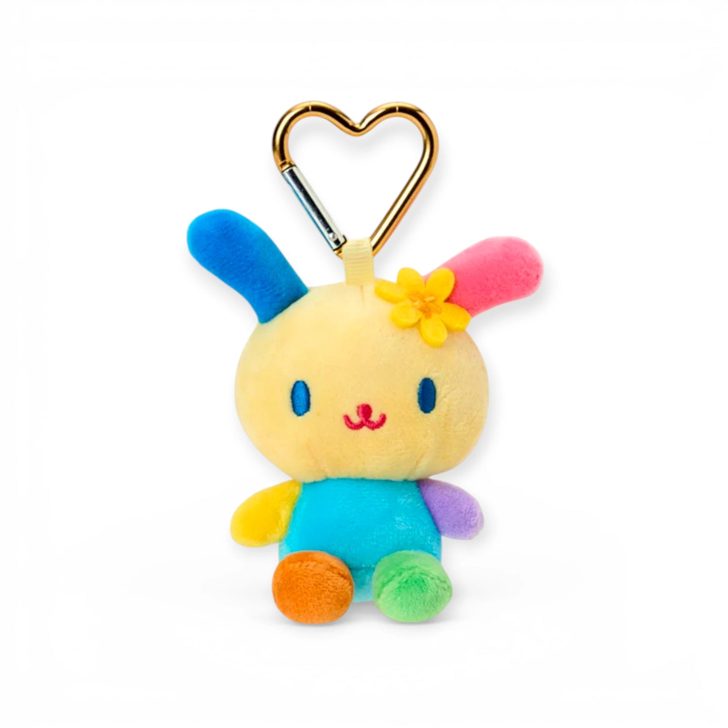 Heart-clasp keychain with plush bunny, yellow face, blue outfit and flower