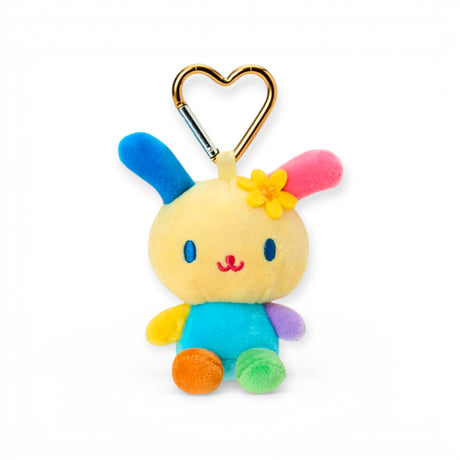 Heart-clasp keychain with plush bunny, yellow face, blue outfit and flower