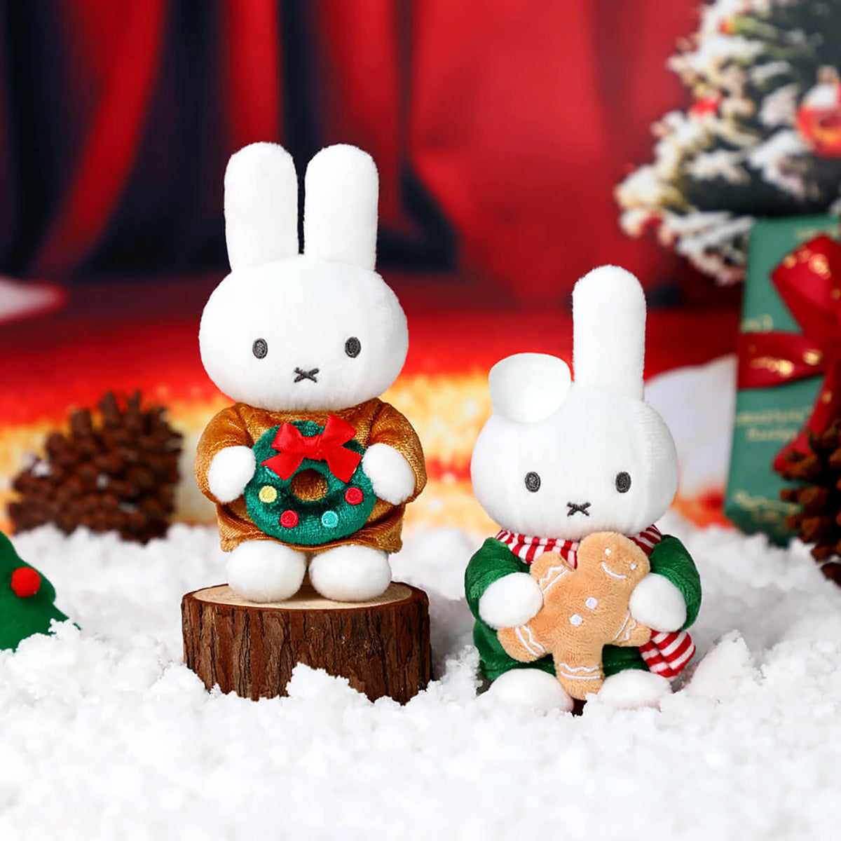 Christmas plush keychains set: white rabbit in tan outfit and gingerbread man character