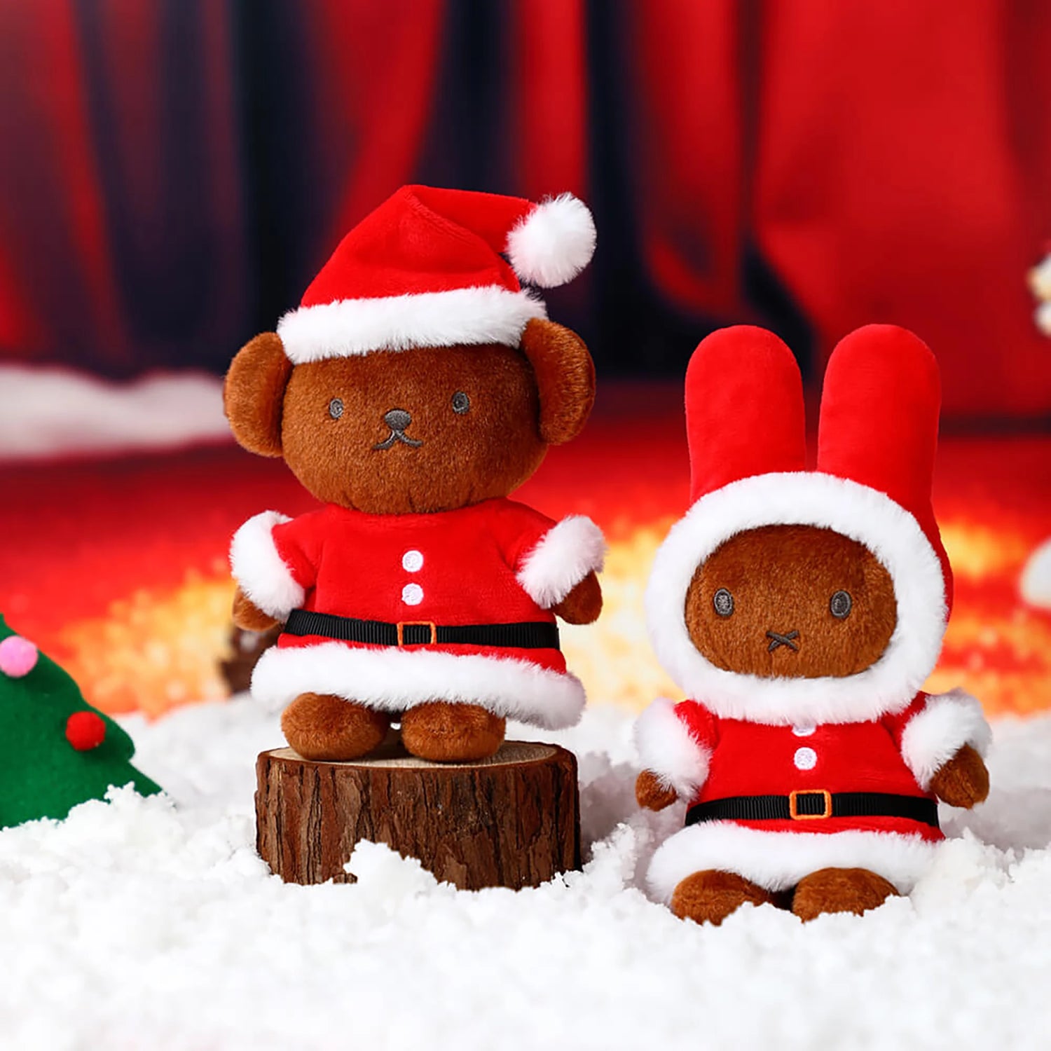 Christmas plush keychains set: brown bear in red Santa suit and white bunny in green skirt