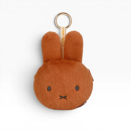 Brown plush rabbit pouch keychain with zipper and round metal key ring