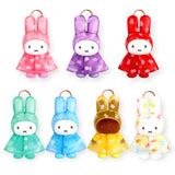 Set of Miffy plush rabbit raincoat keychains in pink, purple, red, green, blue, and yellow