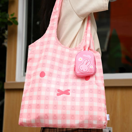 Pink gingham tote bag with small miffy pouch keychain
