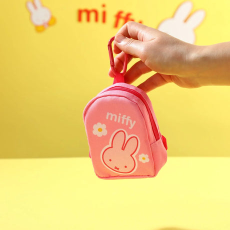Pink miffy bunny mini keychain pouch with zipper loop and flower accents